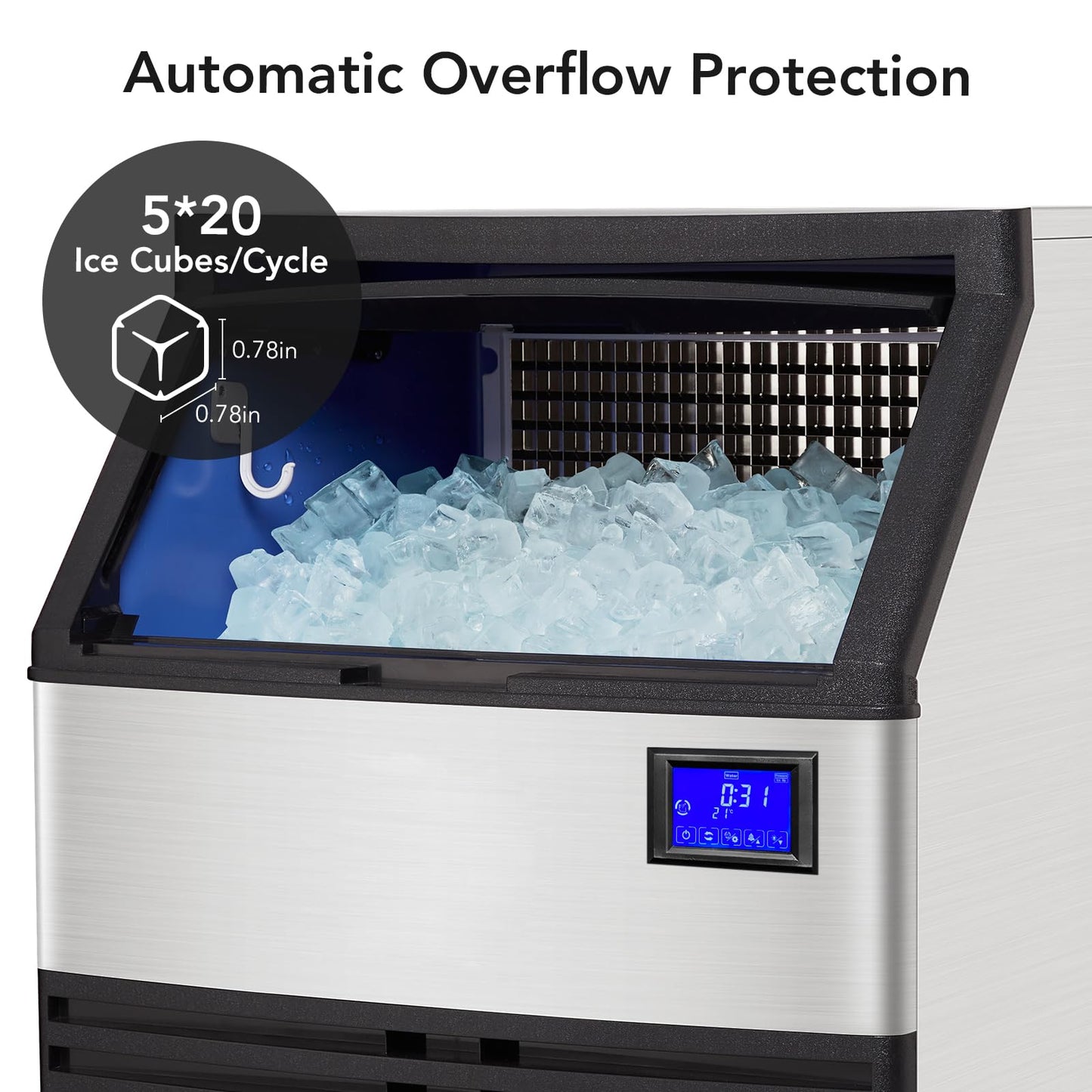Garvee Commercial Ice Maker Machine, 176 LBS/24H Stainless Steel Under Counter Ice Machine with 99 LBS Ice Storage Capacity, LCD Screen Display, Freestanding Commercial Ice Maker