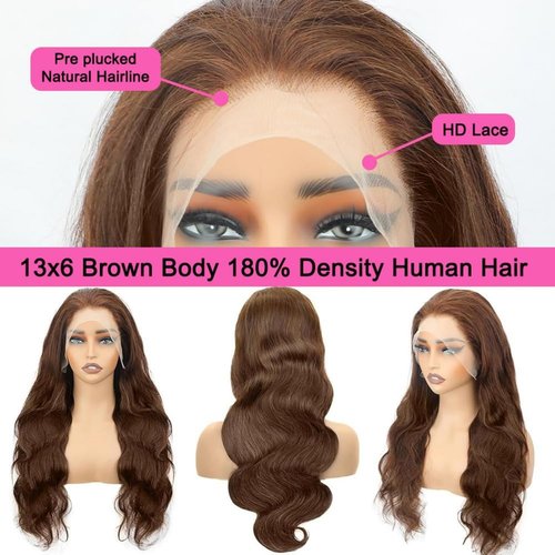 TESCOGOYS 14 Inch Chocolate Brown Lace Front Wig Human Hair 180 Density 13x6 Body Wave Lace Front Wigs Human Hair Pre Plucked Colored Frontal Wigs Human Hair Brown Wig Human Hair Wigs for Women