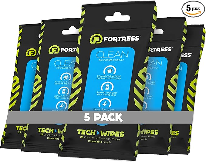 Fortress Electronic Wipes (25 ct, Pack of 5) To-Go Tech Wipes for Screens, Phones, Keyboards, TV Monitors, Computer Screens, and More [Travel Size] Skin-Safe