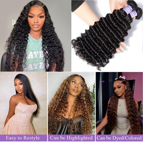 UDesire Deep Wave Human Hair Bundles 12A Brazilian Virgin Human Hair Bundles 18 20 22 Inch Wet and Wavy Curly Bundles Human Hair Extensions for Black Women Natural Black Color