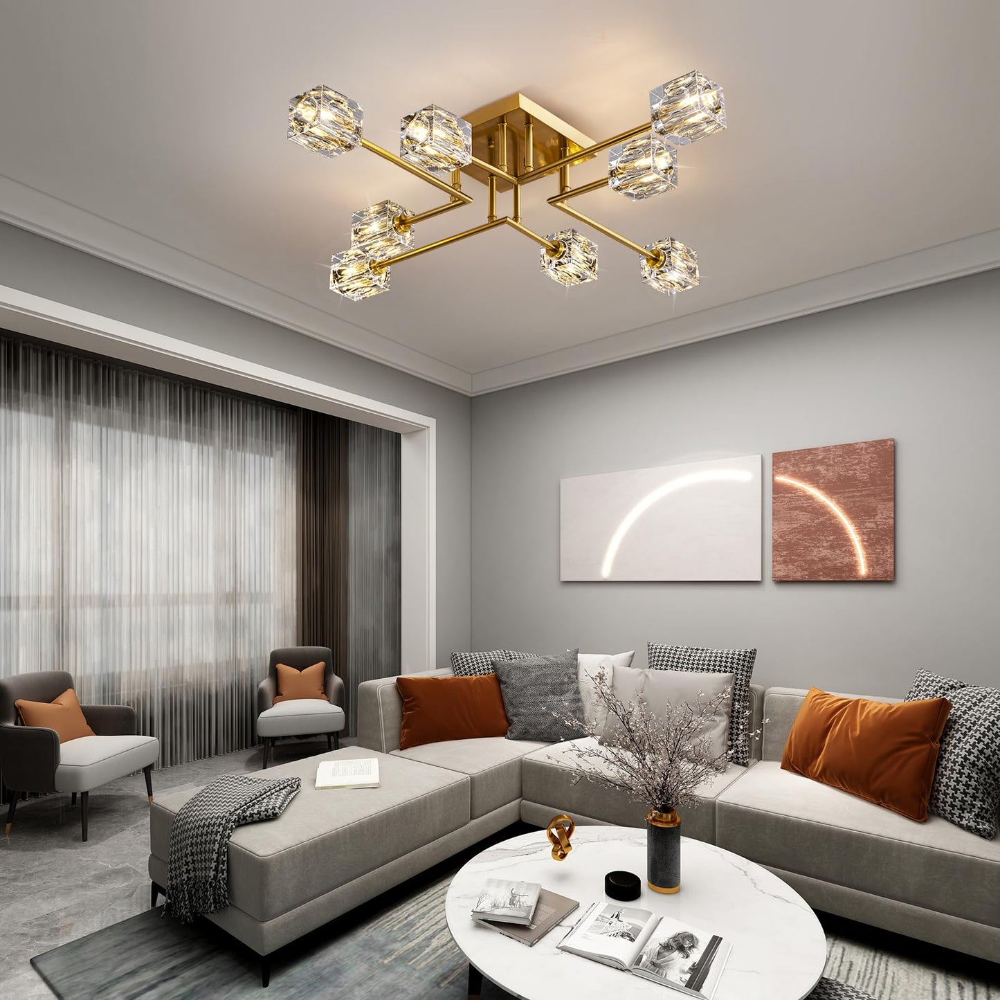 OKES Modern Crystal Ceiling Light,Semi Flush Mount Ceiling Light Fixture with 8-Lights,Gold Sputnik Chandeliers for Bedroom,Dining Room,Farmhouse Kitchen,Office,Living Room