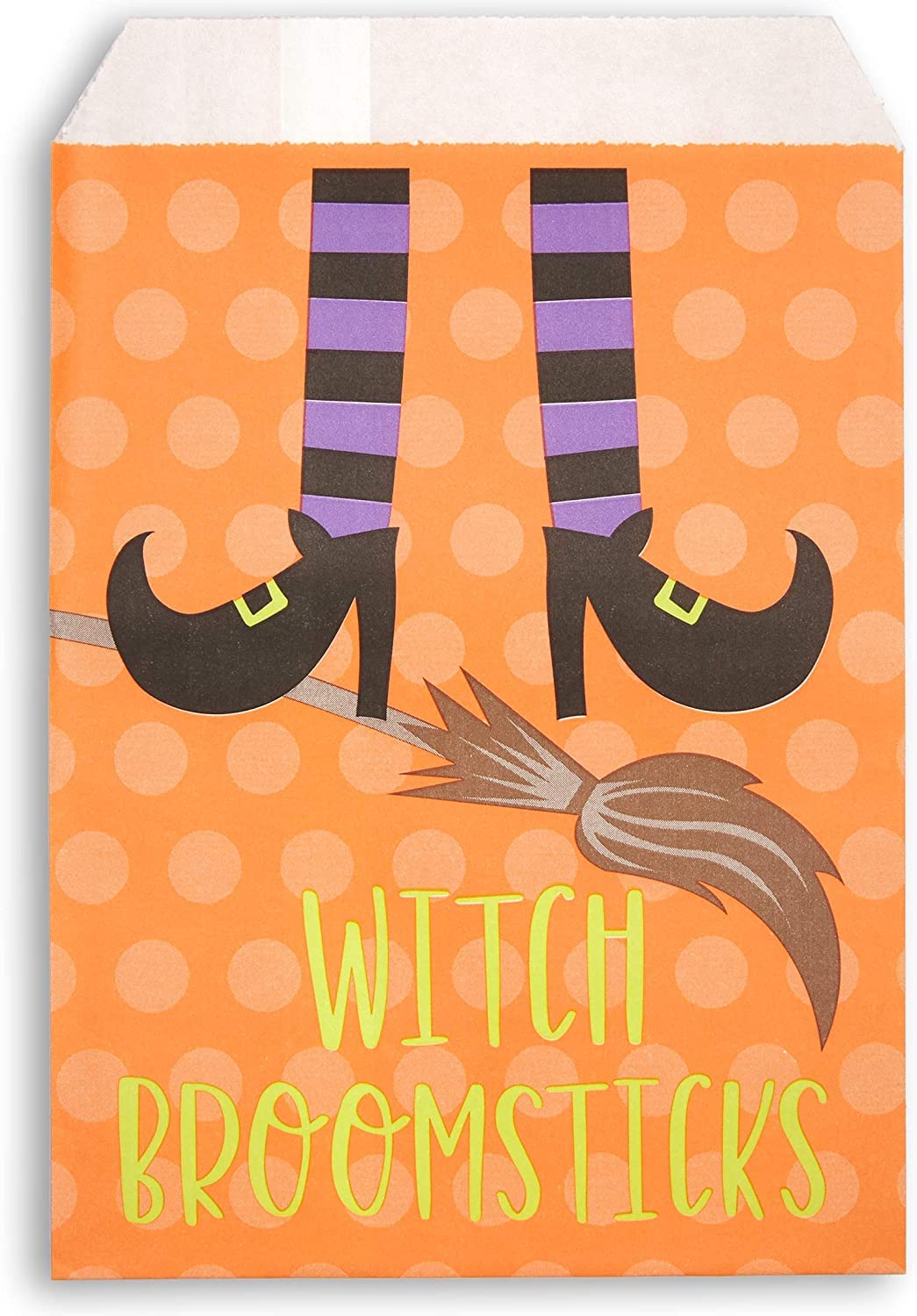 BLUE PANDA 100-Pack Halloween Paper Treat Bags - Small Candy and Favor Containers - 4 Spooky Designs: Vampire Teeth, Witch Broomsticks, Bag of Bones & Spider Eggs (7.5"x5.2")