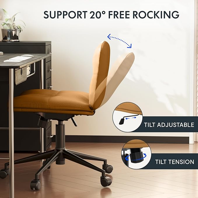 FLEXISPOT Cross Legged Office Chair Armless Desk Chairs Comfy Wide Seat Criss Cross Chair with Wheels Vanity Chair for Living Room Bedroom Study Room(Brown)