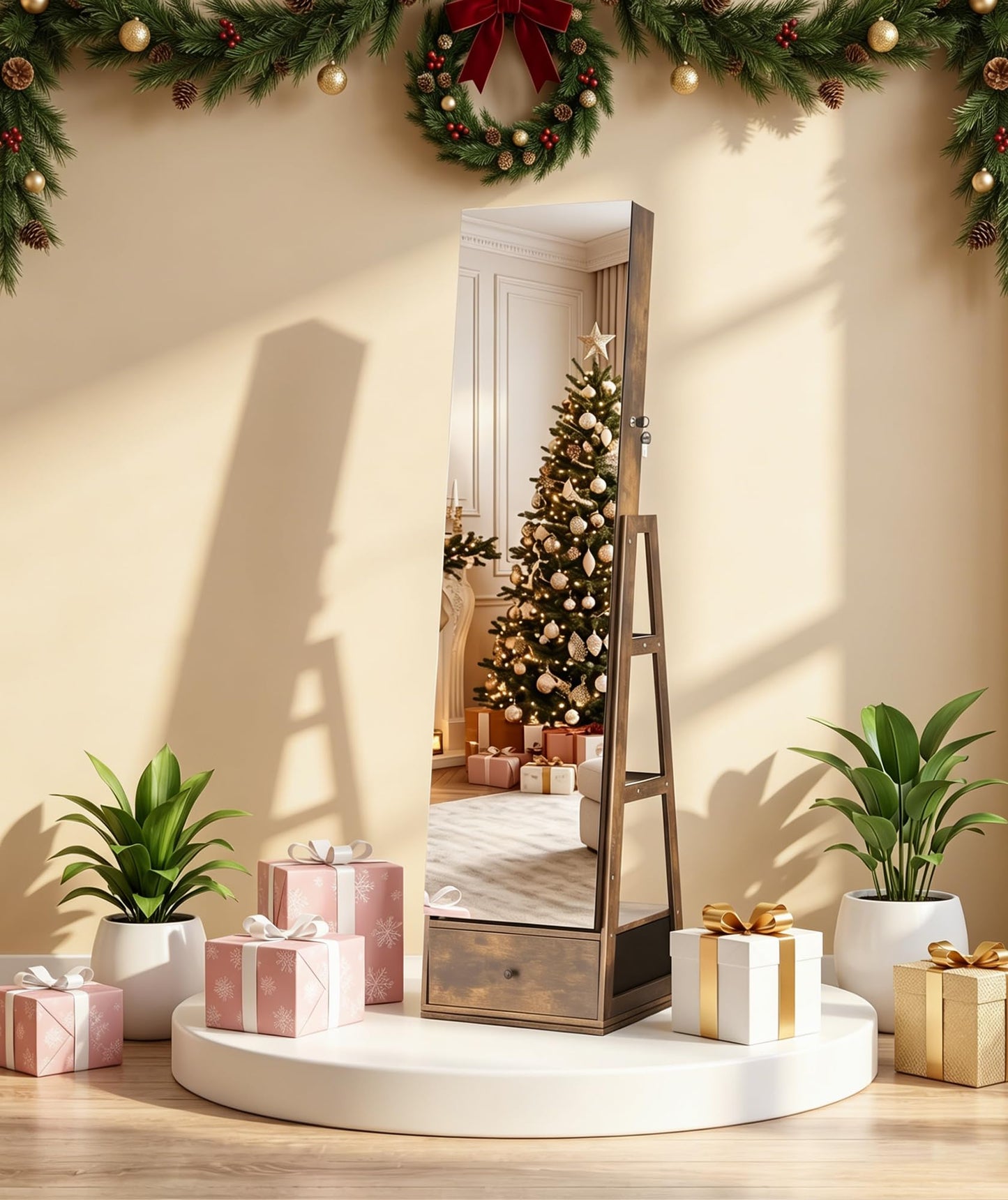 Nicetree 360°Swivel Jewelry Cabinet,Rotatable Jewelry Organizer Armoire Standing, Lockable Jewelry Armoire with Full-Length Mirror, 3 Rear Shelves & Bottom Drawer, Polishing Cloth, Wood Grain Brown