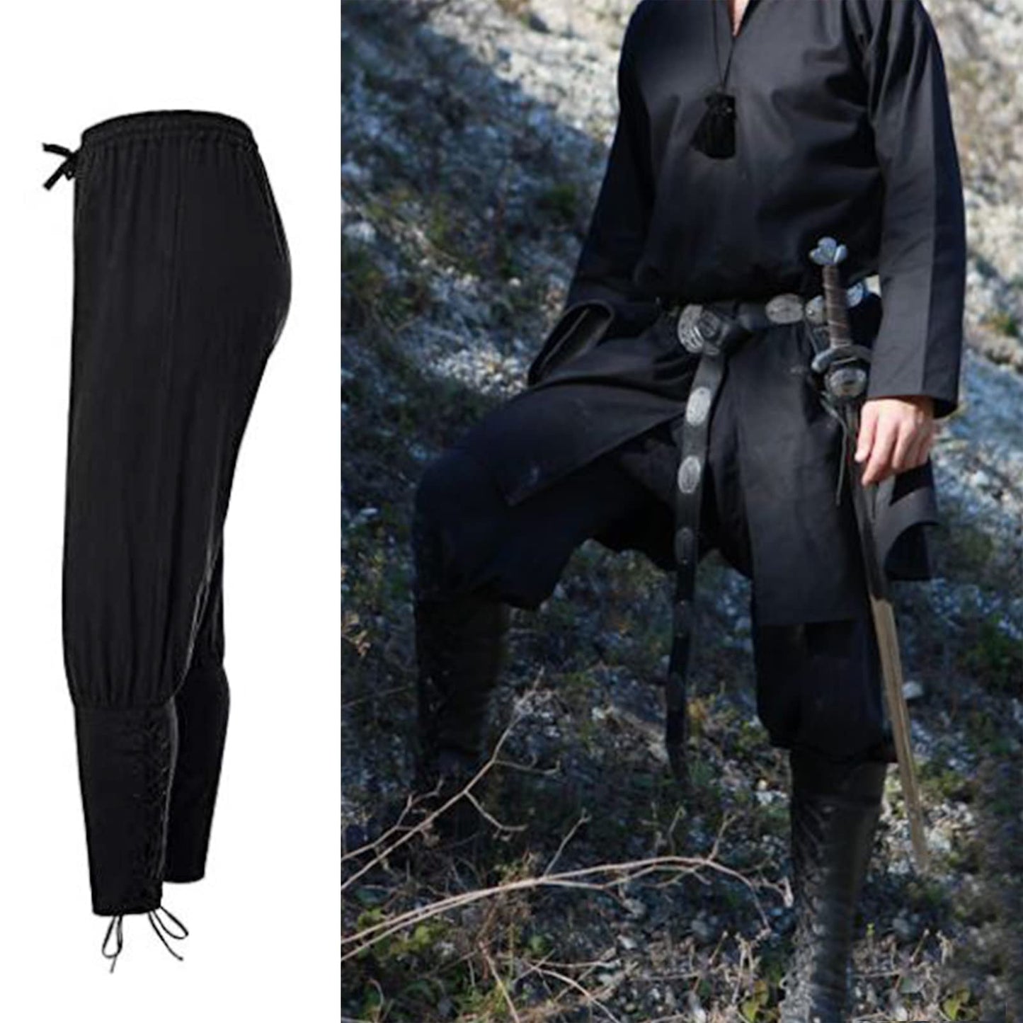 Men's Ankle Banded Pants Medieval Viking Navigator Pirate Costume Trousers Renaissance Gothic Pants, Black, XX-Large