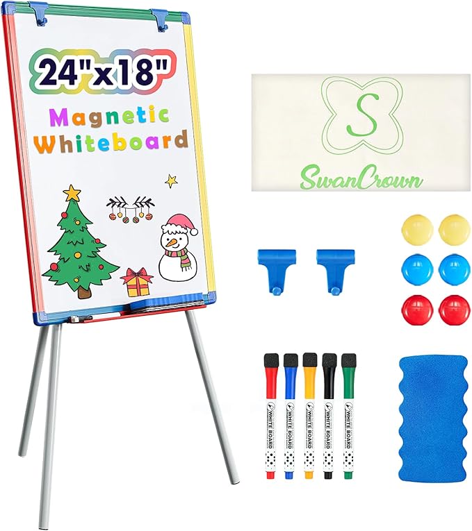 Dry Erase Board White Board for Kids 24x18 inch Art Easel for Kids Magnetic Tripod Whiteboard Art Easel and Flipchart Boar...