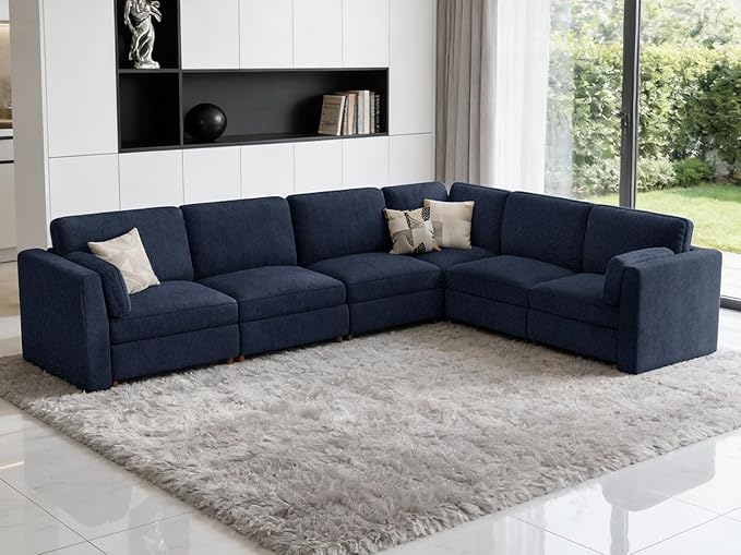 CUGOAO 159'' Modular Sectional Sofa, Oversized L-Shaped Sectional Couch, Deep Seat Chenille Cloud Couch, Removable Cover, Mordern Upholstered Couches for Living Room, Apartment, Office, Blue