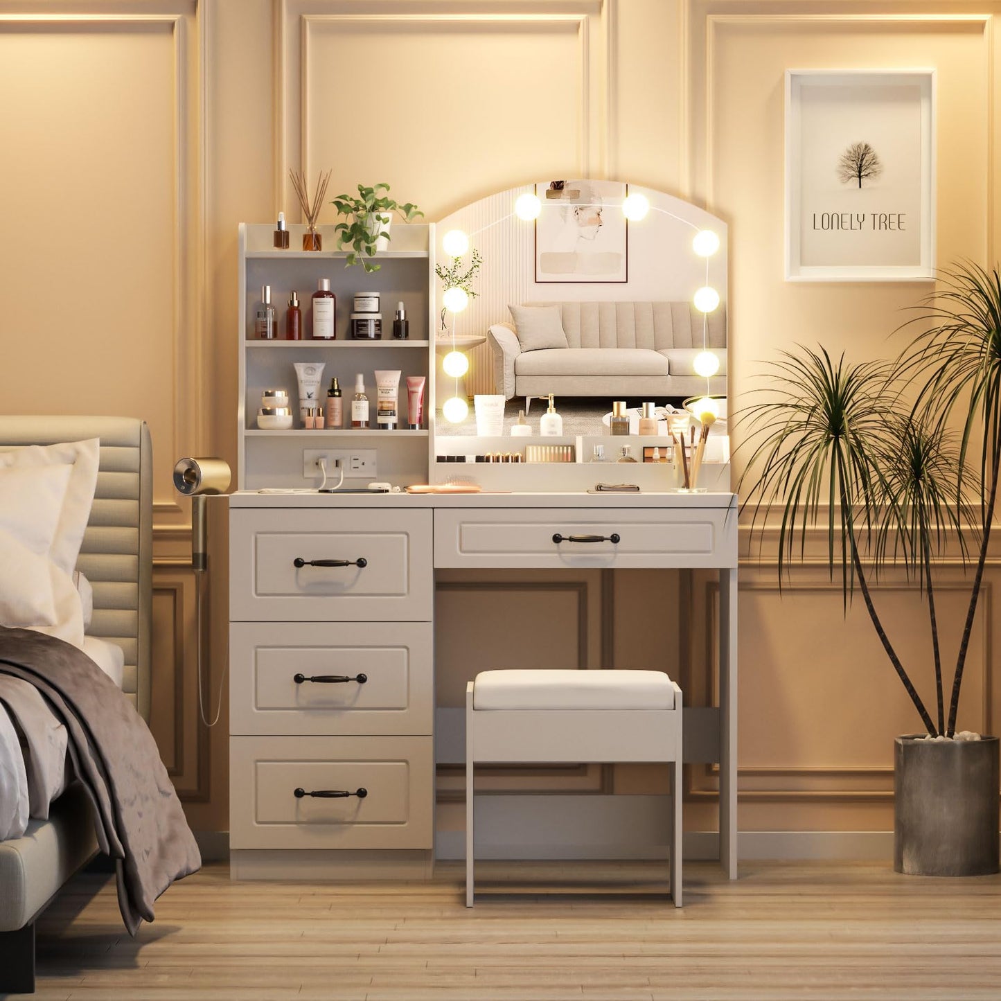 Vabches Makeup Vanity Desk with Lights and Charging Station, White Vanity Set Makeup Table with 4 Drawers Lots Storage, 3 Lighting Colors, Large Size 39.4in(W)