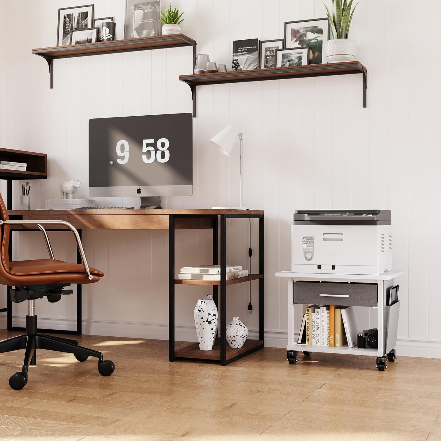 MIXISAV 2 Tier Printer Stand with Storage Drawer - Under Desk Rolling Printer Cart for Home Office, Small Printer Table with Industrial Locking Wheels fit Fax Machine/Scanner (White)
