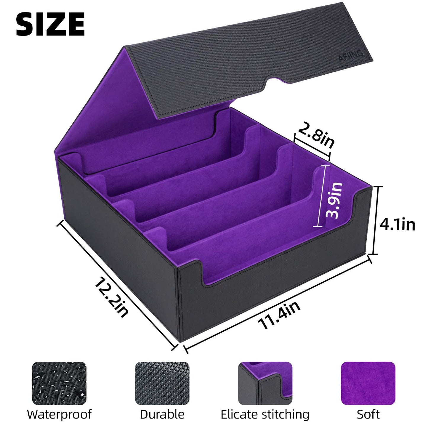 AFIING 4-Row [3200+] Trading Card Storage Box,card Organizer Holder With 4 suppoters & 48 Dividers, Case Fit for Mtg Tcg Magic Commander Deck Playing Cards, Deck Box for Baseball Sport cards Purple