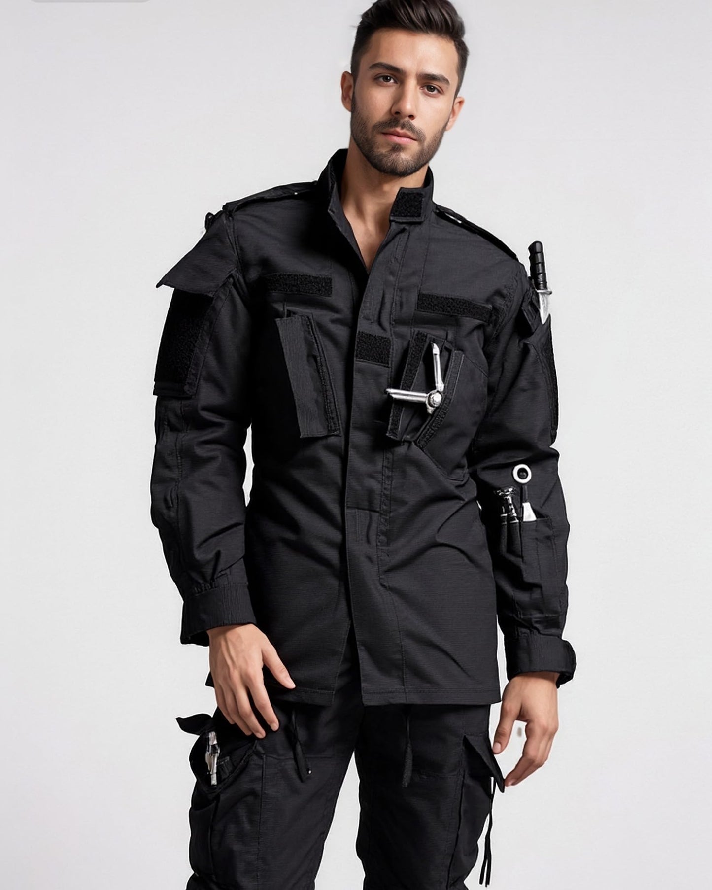 YKS JOOB Men's Tactical Combat Jacket and Pant Set Ripstop Military Uniform Outdoor Hunting Paintball Airsoft Casual Clothes Black S