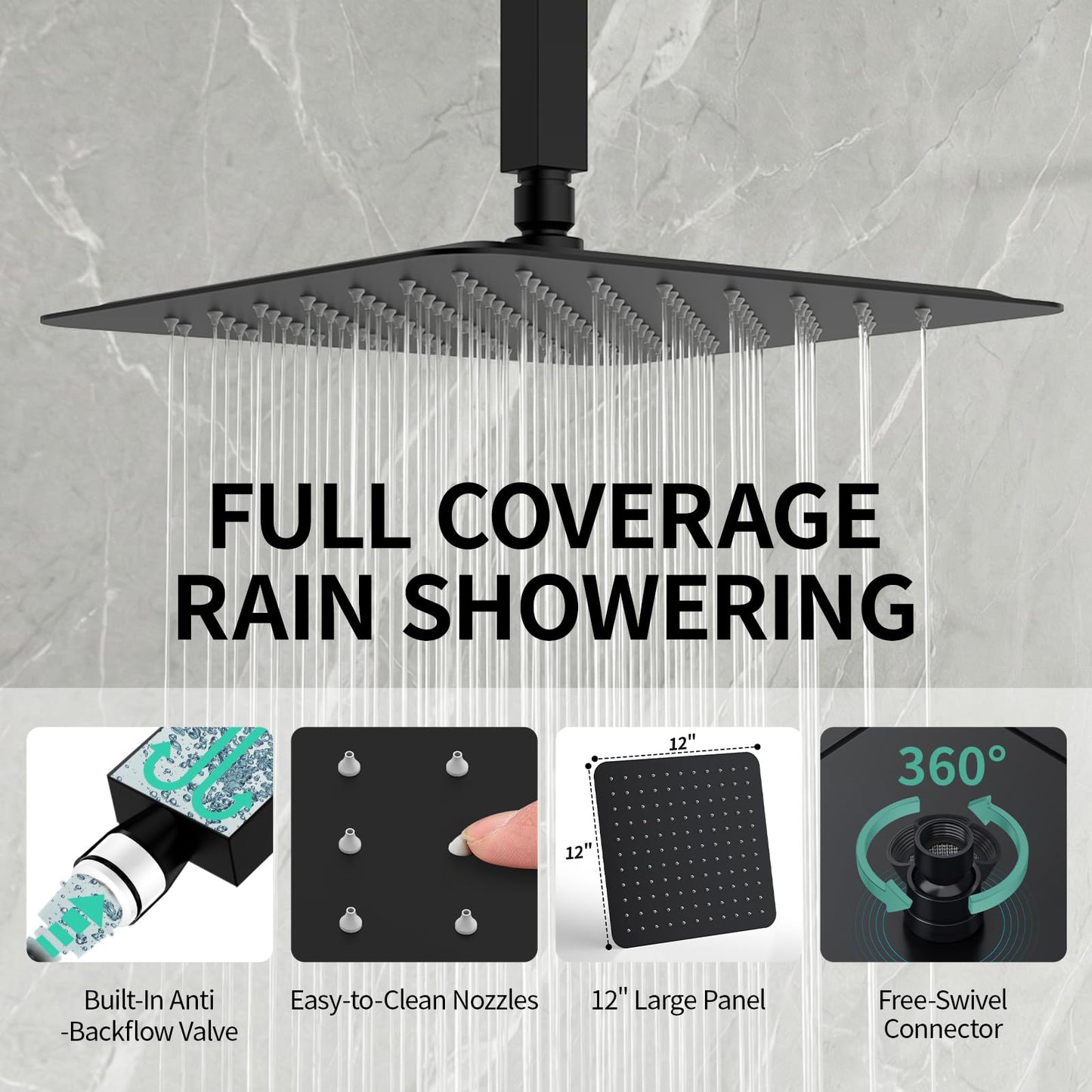 SR SUN RISE 12 Inch Ceiling Mount Matte Black Shower System Bathroom Luxury Rain Mixer Shower Faucet Set Ceiling Rainfall Shower Head System Faucet Trim Repair Kits Rough-in Valve and Trim Included
