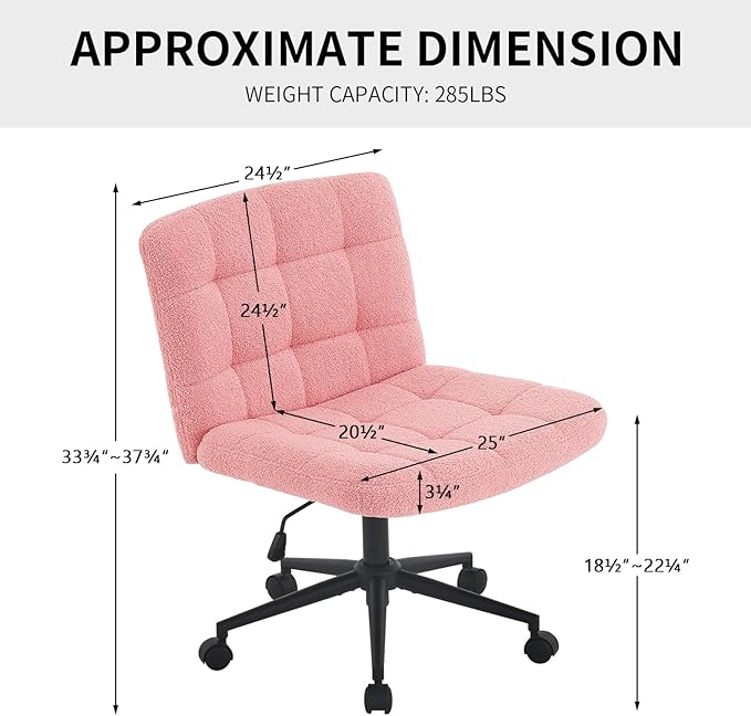 Furnimart Swivel Criss Cross Legged Chair with Wheels for Home Office, Wide Armless Desk Chair Height Adjustable Comfy Seat for Desk,Vanity, Bedroom, Faux Fur Pink
