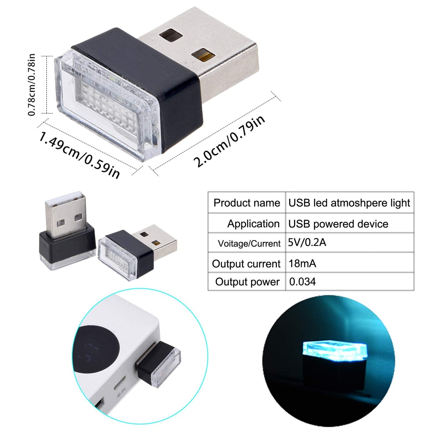 Febrytold 4Pcs Ice Blue Usb Car Interior Atmosphere Lamps, Universal Mini Led Usb Lights For Car Decoration, Lighting