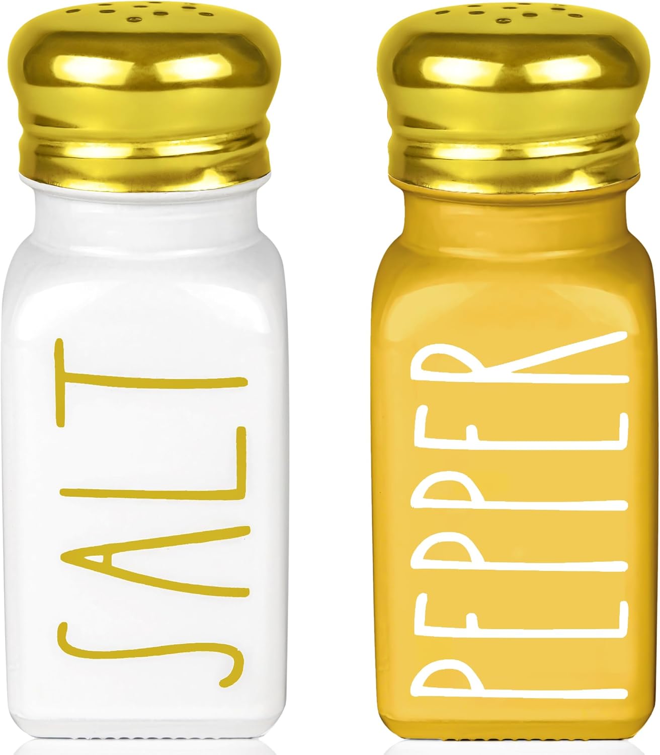 Farmhouse Gold Salt and Pepper Shakers Set by Brighter Barns - Glass Shakers & Stainless Steel Lid - Modern Farmhouse Decor for Restaurant, Airbnb, Wedding, Gifts - Luxury Kitchen Accessories (Gold)