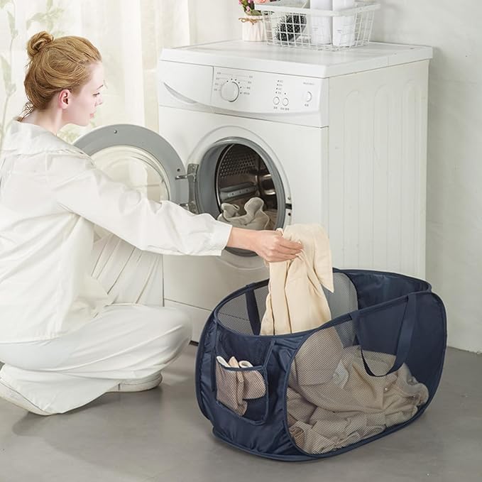 HONOMA Sturdy Mesh Laundry Hamper Basket Bag,Pop up Basket with Side Pocket for Laundry Room, Bathroom, Kids Room, College Dorm or Travel (Pop Horizontal, Black)