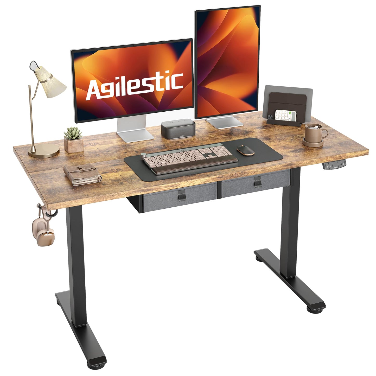 Agilestic Electric Standing Desk with Drawers, 55 x 24 Inches Height Adjustable Desk, Stand up Computer Table with Memory Preset, for Work Office Home, Dark Brown