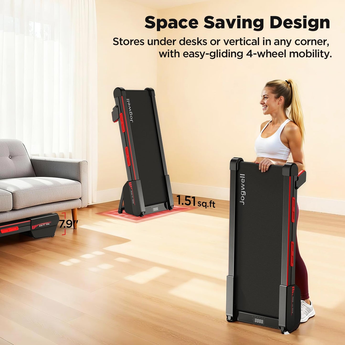 Jogwell Walking Pad Treadmill with 15% Auto Incline, 3.0HP Quiet Brushless - Under Desk Portable Treadmill for Home Office, Full Deck Design, 350lbs Capacity, Vertical Storage, App, Grey, Standard