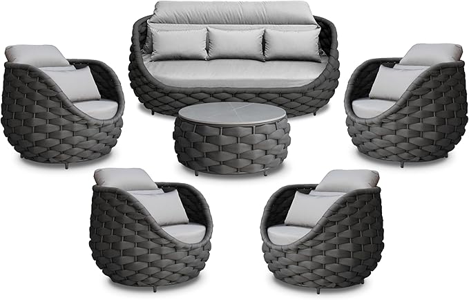 Erotr Metal Outdoor Conversation Sets: 6-Piece Aluminum Patio Furniture Set - Woven Rope Porch Sofa Set w/Coffee Table Cushions - Assembled Modern Lounge Couch for Deck Garden Yard Pool Hotel Resort