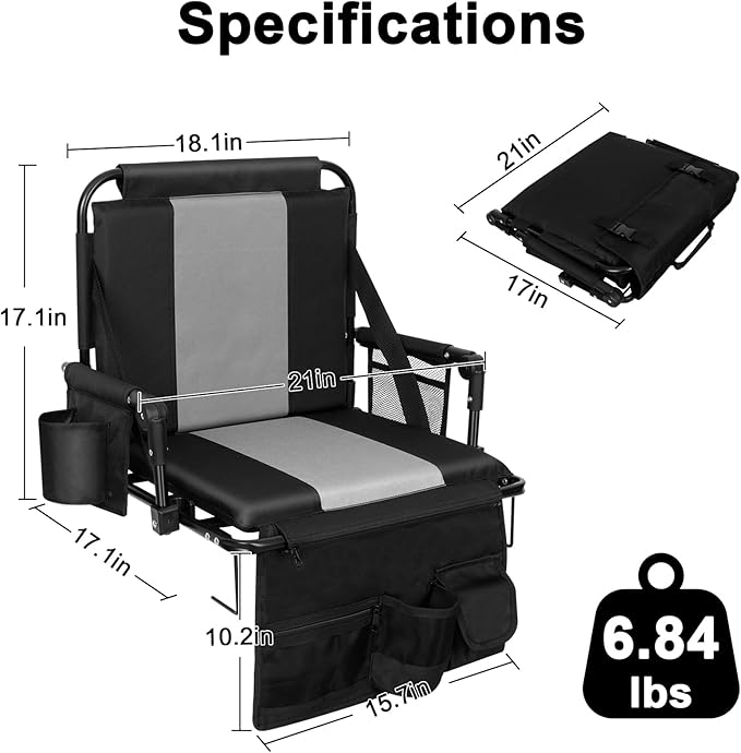 Romswi Folding Stadium Seat Bleacher 2PK Portable Outdoor Floor Folding Stadium Chair with Armrest,Back Support,Cup Holder,Mesh Bag and Hide Hooks