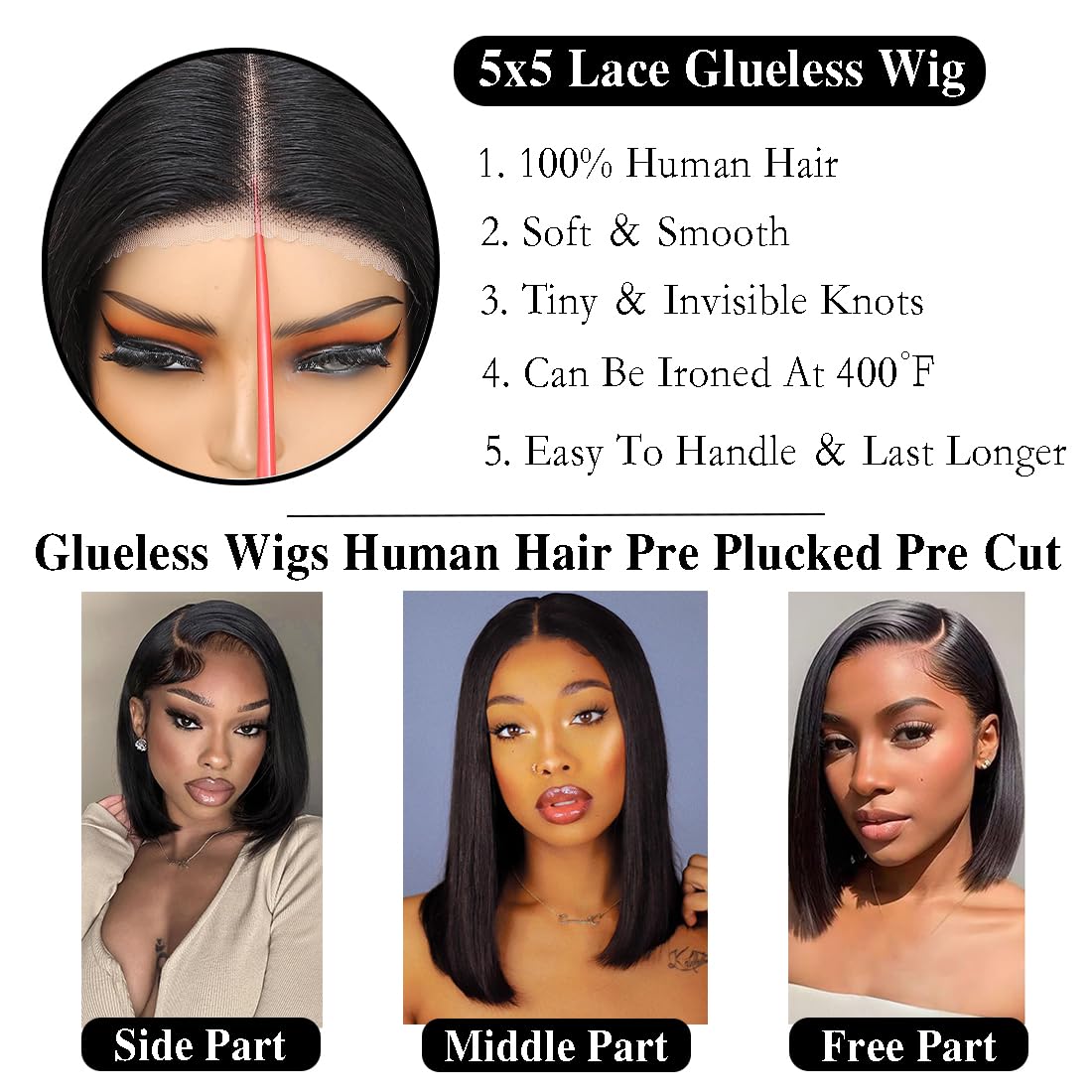 Wear and Go Glueless Bob Wig Human Hair Pre Plucked Pre Cut 5x5 Lace Closure Bob Wigs for Black Women 250% Density Wigs Human Ha