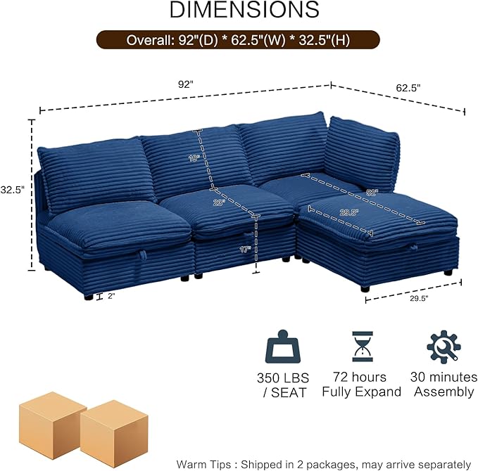 FIRLZY 92" Modular Sectional 4 Seater Sofa with Removable Covers and Storage, Convertible L-Shaped and Sleeper Sectional, Modern Corduroy Couches with Ottoman Chaise for Living Room, Apartment, Blue