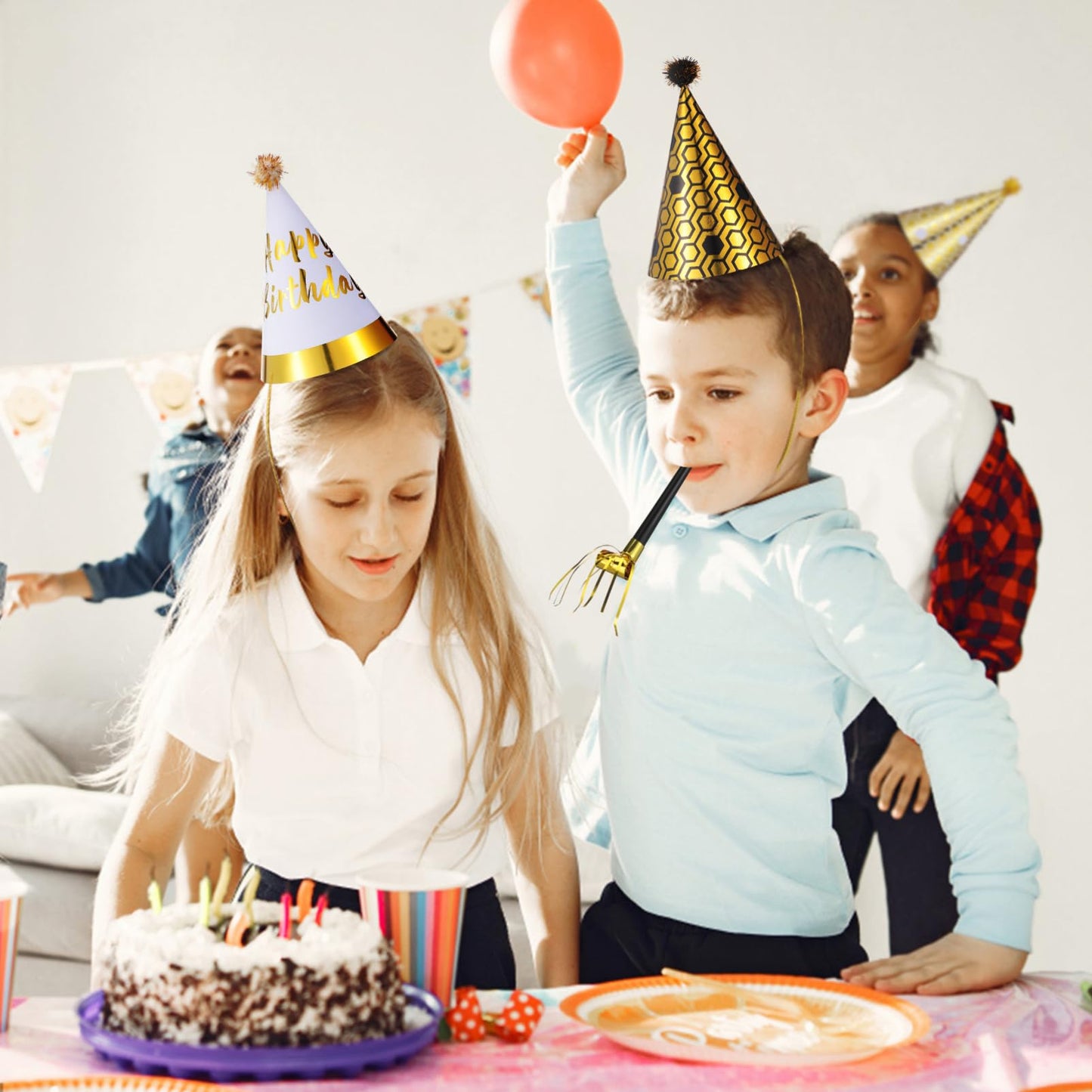 JOINPAYA 36 Pcs Birthday Party Set: Black Gold Cone Hats for Kids Including 12 Paper Hats and 24 Noise Makers, Happy Birthday Supplies