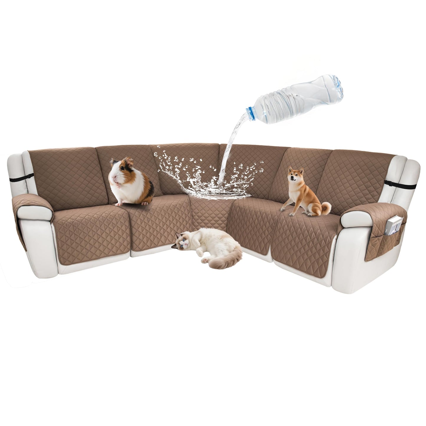 ROFASVCO Waterproof Sectional Reclining Couch Covers L Shaped Recliner Sectional Sofa Cover 7 Piece Non Slip Washable Corner Recliner Slipcover Set for Pet Dog (5 Seater Cover, Light Coffee)