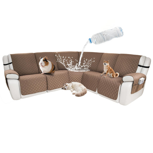 ROFASVCO Waterproof Sectional Reclining Couch Covers L Shaped Recliner Sectional Sofa Cover 7 Piece Non Slip Washable Corner Recliner Slipcover Set for Pet Dog (5 Seater Cover, Light Coffee)
