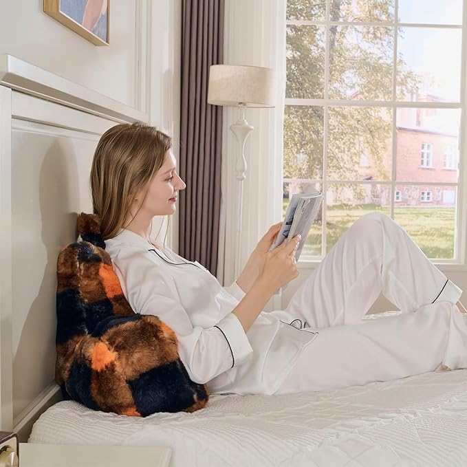 Reading Pillows for Boyfriend Adult,Velvet Back Pillow Bed Wedge Large, Back Rest Support Cushion for Sitting Up in Bed/Couch for Bedrest 18inch-Orange-Black Grid Print