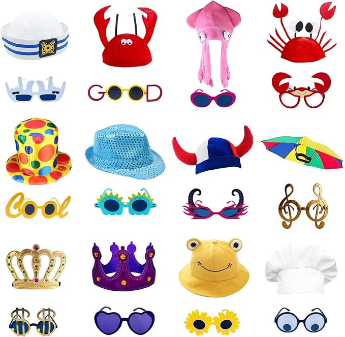 24 Funny Hats and Glasses For Photo Booth Props, 12 Assorted Crazy Party Hats, 12 Funny Party Sunglasses, Novelty Hat, Dre...