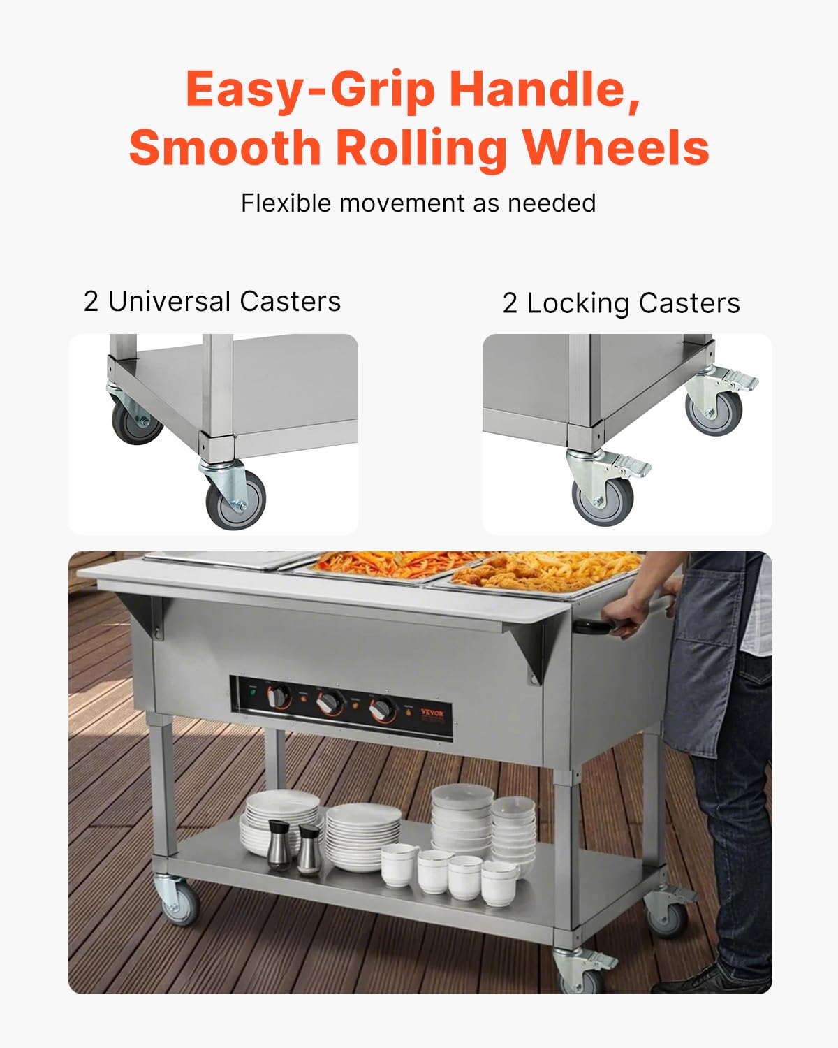 VEVOR 3-Pan Commercial Food Warmer, 3 x 20.6QT Electric Warm Table, 1500W Professional Buffet Catering Food Warmer with 4 Wheels (2 Lockable), Food Grade Stainless Steel Server for Party Restaurant