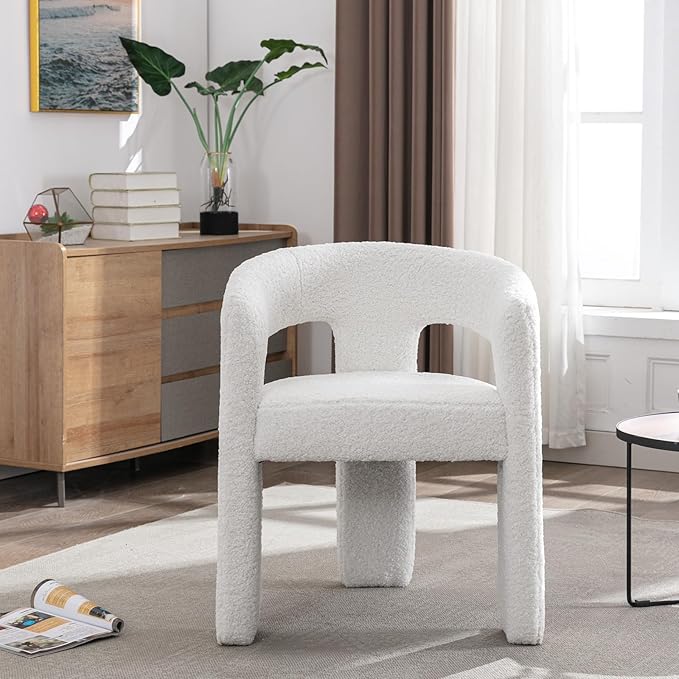 DAYALANE Modern Boucle Dining Chair, Sherpa Upholstered Accent Kitchen Chair with Arms Comfy Barrel Side Chair for Living Room/Home Office/Reception, White Fur