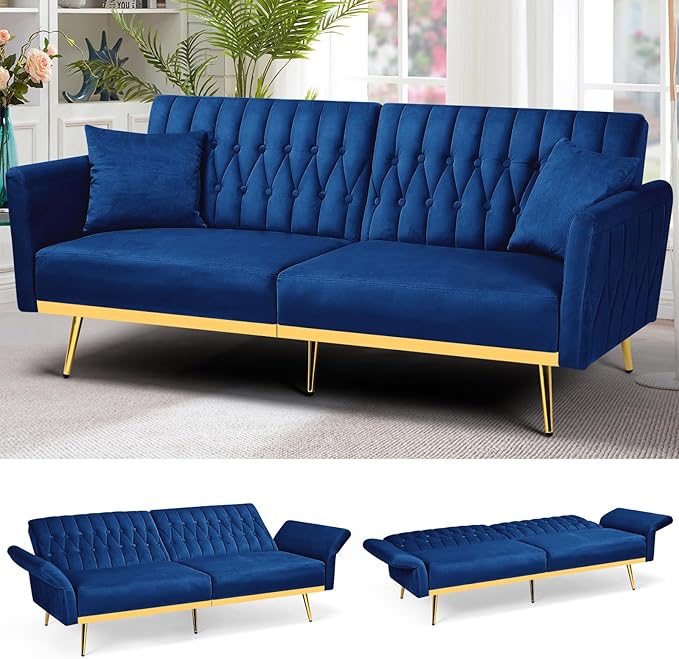 ACMEASE 70” Velvet Futon Sofa Bed w/Adjustable Armrests and Backrest, Convertible Futon Couch w/2 Pillows, Modern Sleeper Bed for Living Room, Bedroom, Blue