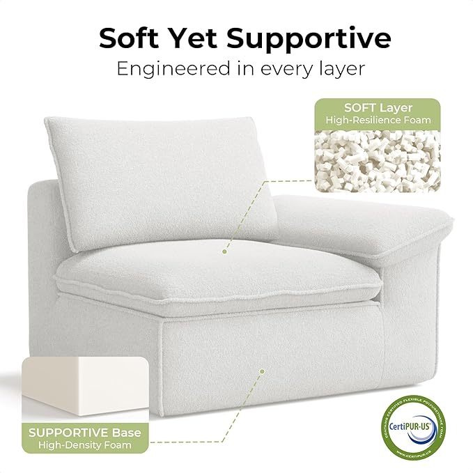 LIKIMIO 120" L-Shaped Modular Sectional Sofa, Cloud Sectional Couch with Deep Seat, Comfy Teddy Upholstery, Oversized 3-Seater with Ottoman, Boneless Couch for Living Room, No Assembly, White