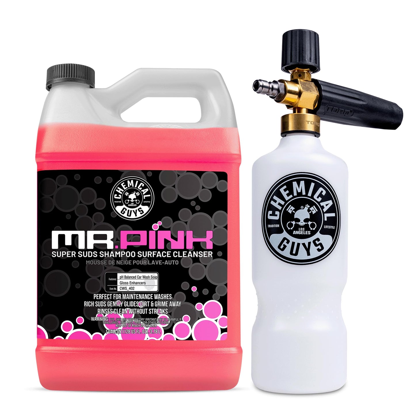 Chemical Guys CWS_402 Mr. Pink Super Suds Shampoo & Superior Surface Cleaning Soap, 128 fl oz (1 Gallon) + HOL144 TORQ Foam Cannon Snow Foamer , Works With Pressure Washer (2 Items)