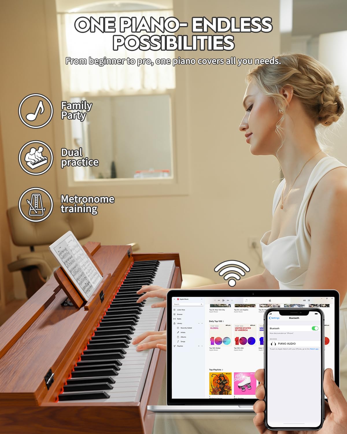 STRICH 88 Key Digital Piano, Hammer-Action Weighted Keyboard, Full Size Desk Cover Electric Piano Keyboard with Stand, 25Wx2 Speakers, Headphones, Three Pedal, SDP-350S(Color Mahogany)