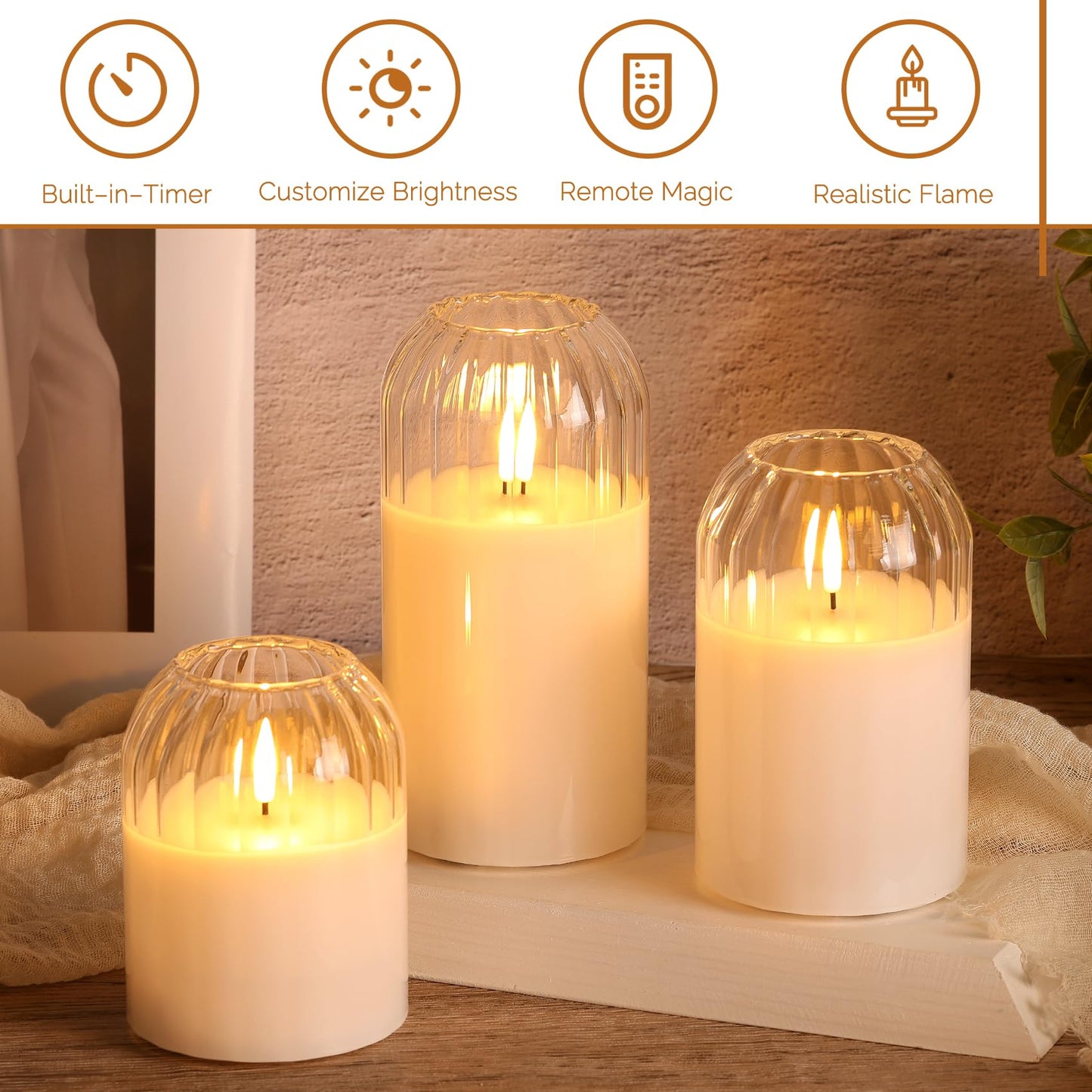 Girimax Clear Glass Flameless Candles with Remote, Real Wax Flickering Battery LED Pillar Candles Set of 3