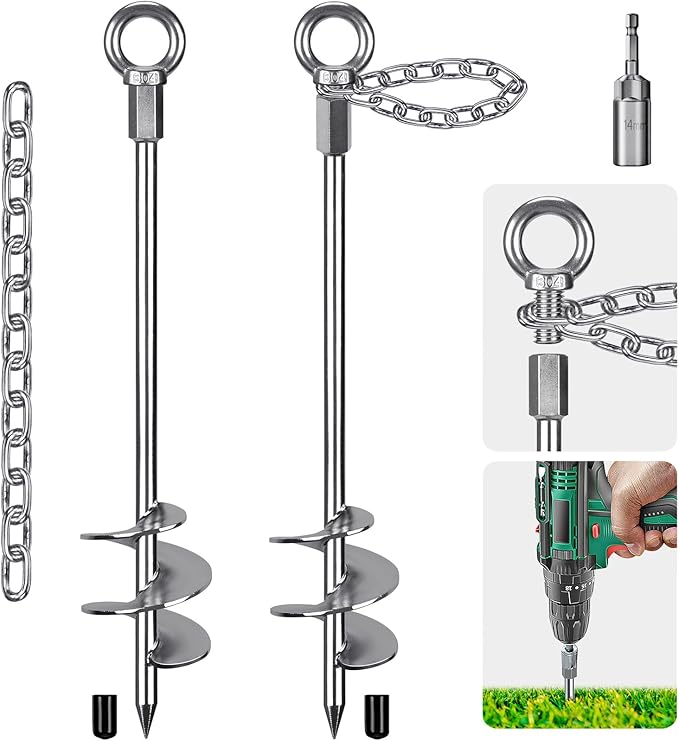 Insaga 17.5'' Fully Welded Ground Anchors with Chain, 3'' Wider Spiral Trampoline Anchors, 2pcs Mobile Home Anchors, Heavy Duty Earth Anchors for Sheds, Swing Sets, Canopies, Carports
