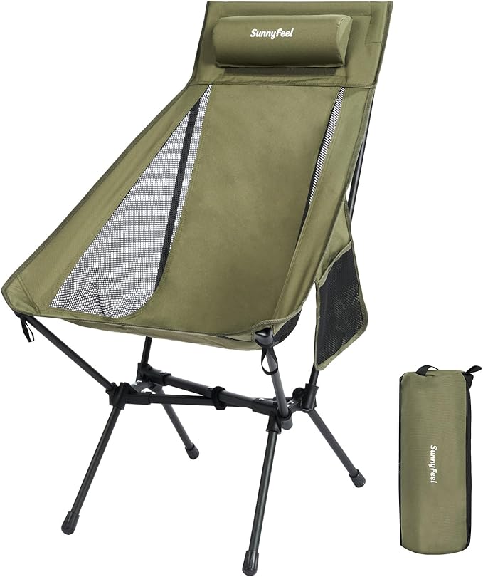 SUNNYFEEL High Back Camping Chair, 15 Second Setup Frame, 330lb Capacity, Portable Backpacking Chair, Lightweight & Compact Folding Camp Chair for Hiking Camping, Army Green