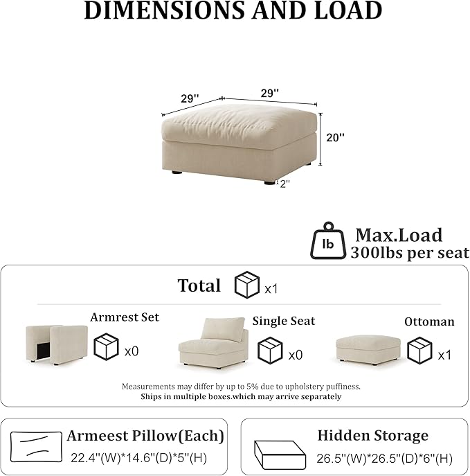 Cloud Modular Sectional Sofa Couch with Storage Ottoman, Oversized Sectional Couches for Living Room, Single Ottoman, Chenille, Beige