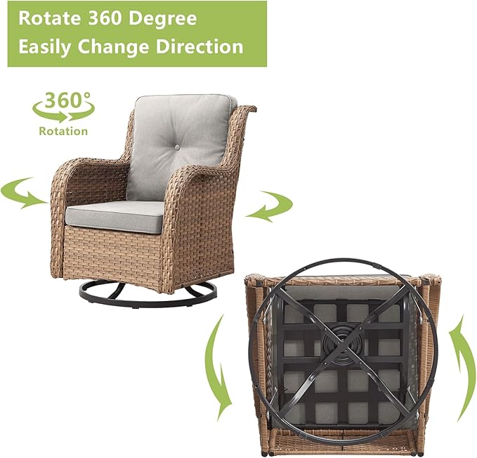 Rilyson Patio Furniture Swivel Chairs Set - 7 PC Wicker Rattan Outdoor Sectional Conversation Sets with 2 Rocking Chair,2 Ottoman,1 Sofa,1 Loveseat and 1 Coffee Table for Porch Deck(Yellow/Beige)