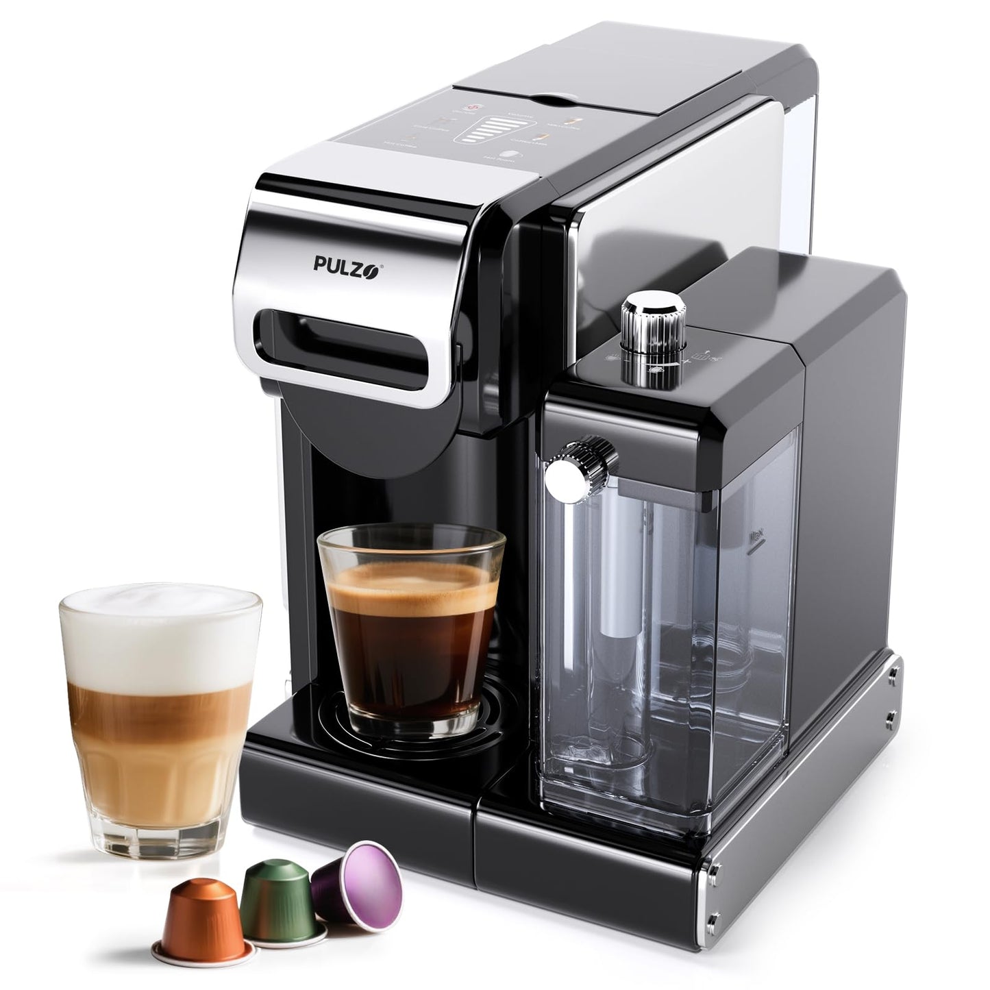 PULZO Espresso Machine with Integrated Automatic Milk Frother, capsule coffee maker for K*cup capsule/Ne*s Original/coffee powder, One Touch Latte & Cappuccino
