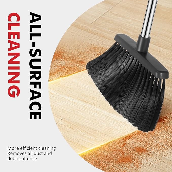 Heavy Duty Broom, 55 Inch Long Handle Outdoor Large Angle Brooms, Commercial Broom for Sweeping Indoor, for Home Garage Kitchen Office Courtyard Lobby Patio Lawn Concrete，Black