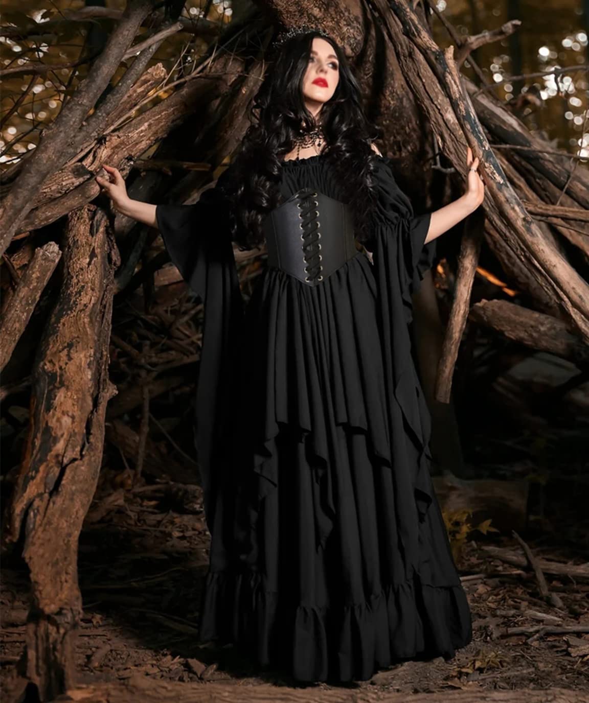 BITSEACOCO Women Medieval Victorian Off Shoulder Dress, Gothic Puff Sleeve Irish Chemise Dresses, Renaissance Costume High Low Long Skirts (S, Black)