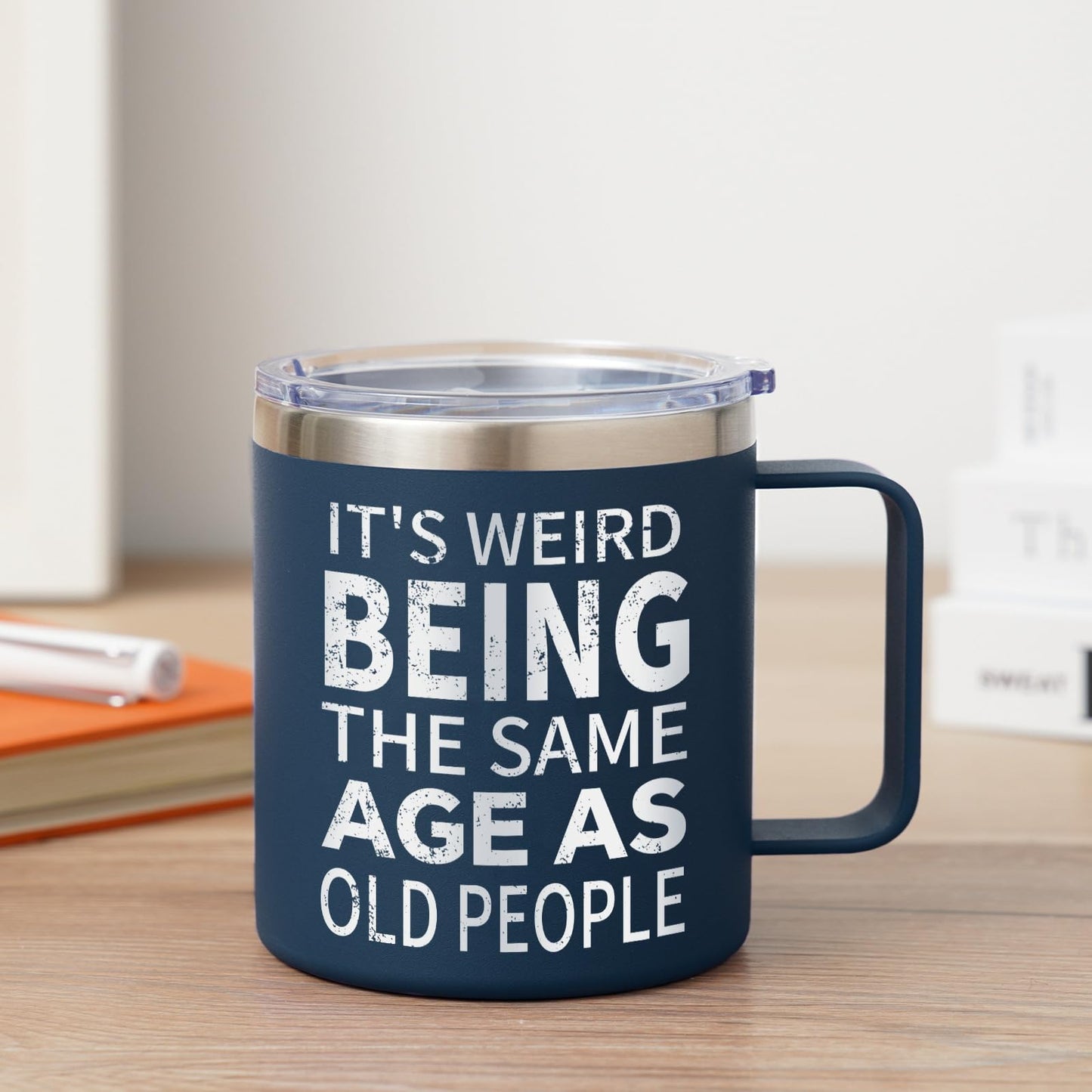 NOWWISH Birthday Gifts fo Men- Weird Being the Same Age as Old People Mug - Funny 50th 60th 70th Birthday Gifts for Men, Old People, Him, Husband, Grandpa (14oz, Navy Blue)