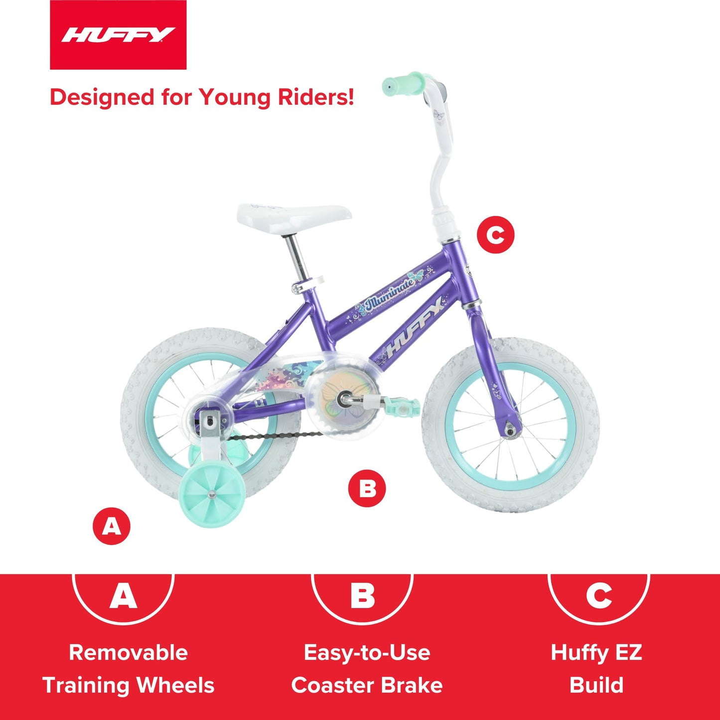 Huffy Illuminate 12” Girl’s Bike with Removable Training Wheels, Amethyst Purple Frame with Butterfly Graphics, Chain Guard, White Tires and Teal Rims