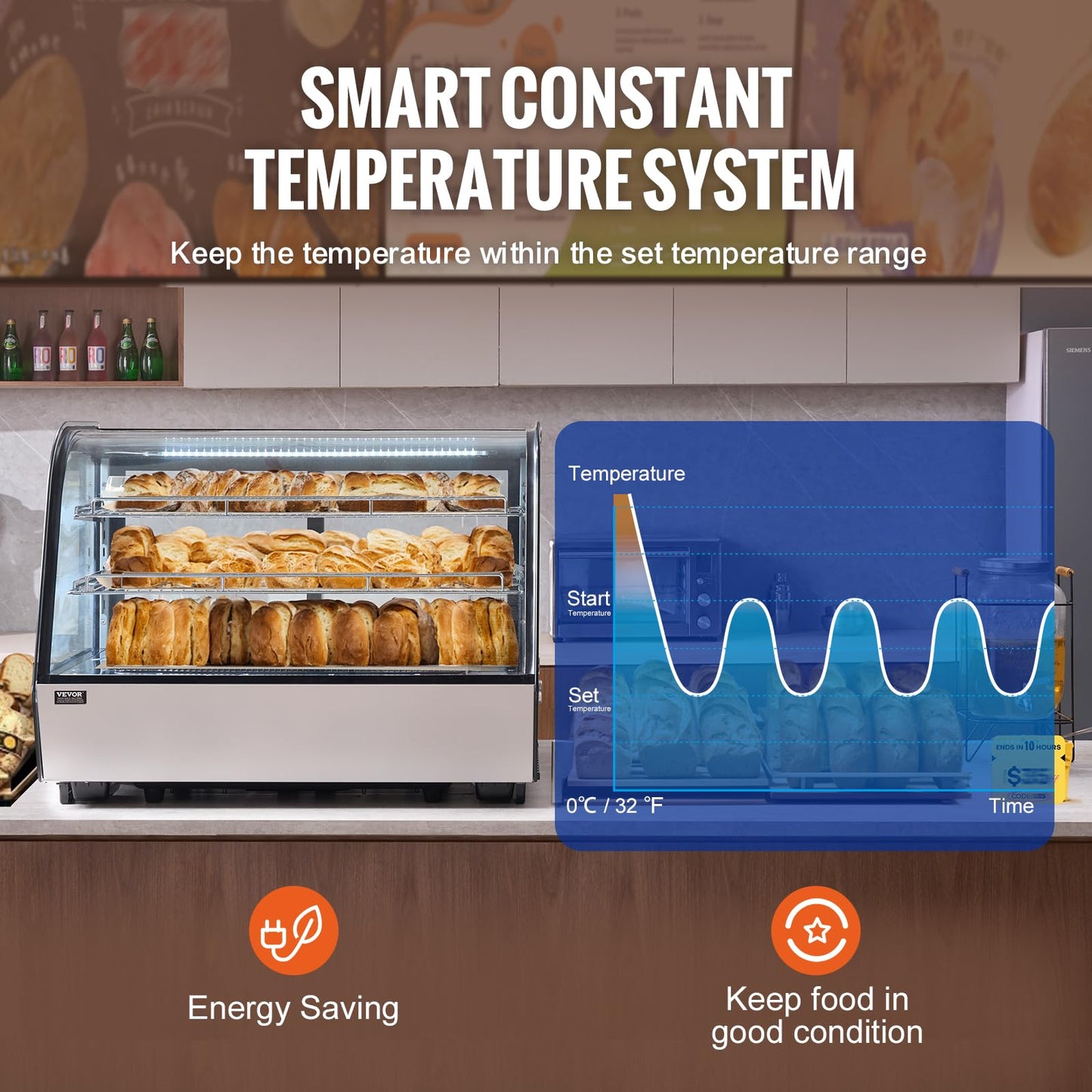 VEVOR Refrigerated Display Case, 5 Cu.Ft./146L Countertop Pastry Display Case, 2-Tier Commercial Display Refrigerator with LED Lighting, TURBO Cooling, Frost-Free Air-Cooling, for Bakery