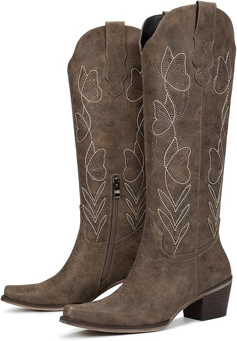 wetkiss Cowboy Boots for Women Knee High Cowgirl Boots - Butterfly Embroidered Zipper Chunky Heel Boot, Casual, Festivals,...