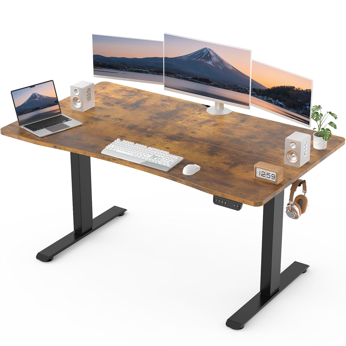 Veken 55 x 28 Inch Electric Standing Desk with Adjustable Height, Sit to Stand Computer Table for Study, Work or Gaming, Home Office Desk Brown